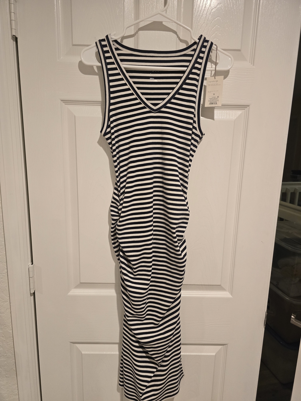 Black and White Striped Bodycon Maxi Dress with side rushing - Picture 3 of 7